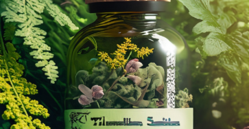 bottle of supplement set in a lush green forrest